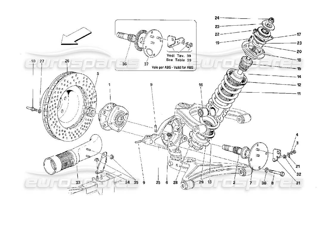 ferrari 512 tr suspensión delantera - amortiguador y disco de freno diagrama de piezas