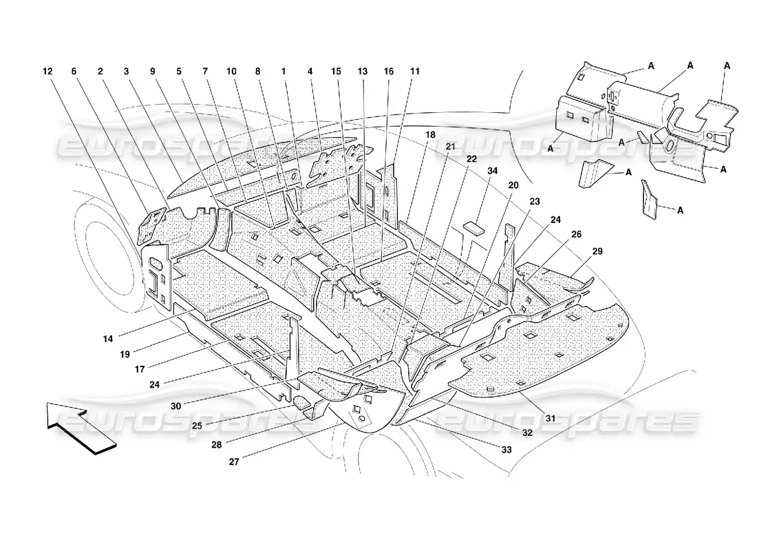 ferrari 456 m gt/m gta compartimiento de pasajeros. y compartimento del motor. aislamientos diagrama de piezas