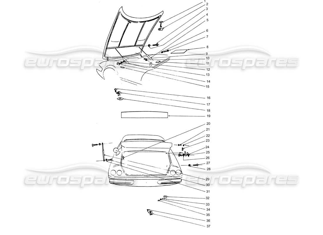 ferrari 365 gtb4 daytona (coachwork) diagrama de piezas de las bisagras del capó delantero y trasero