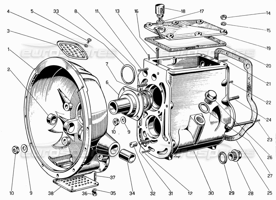 ferrari 330 gt 2+2 diagrama de piezas de la caja de cambios y la carcasa del embrague