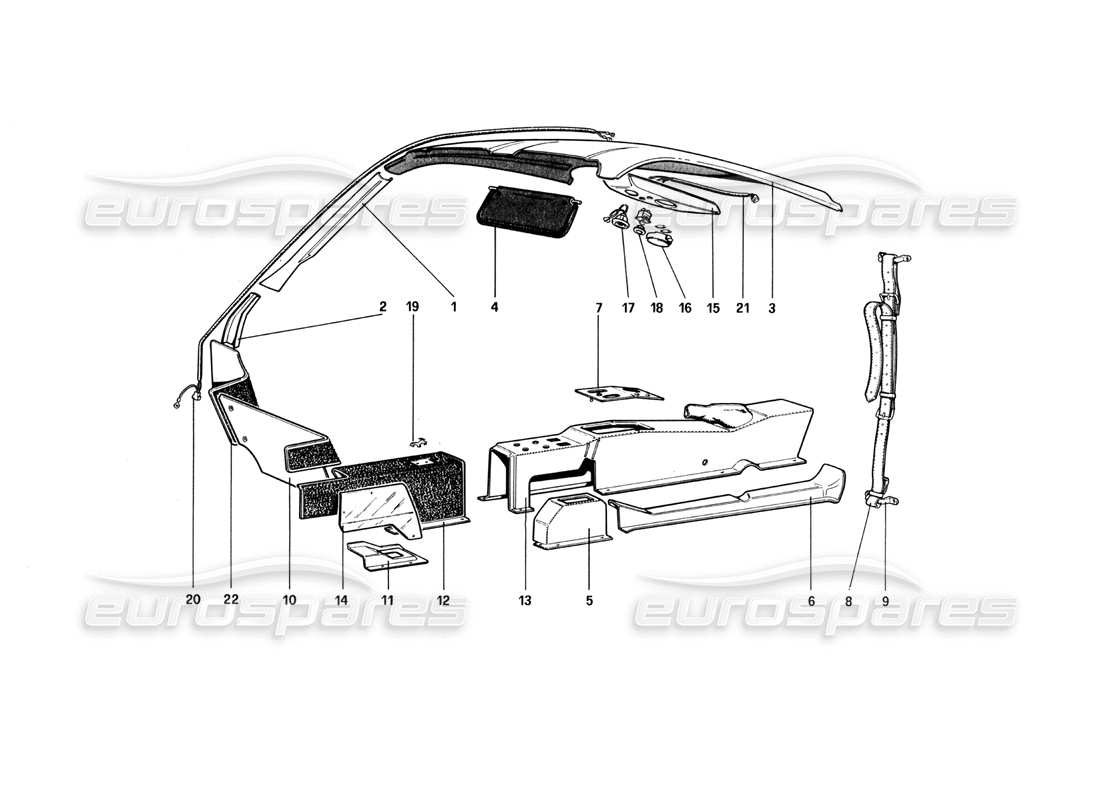 ferrari 512 bbi diagrama de partes de túnel y techo