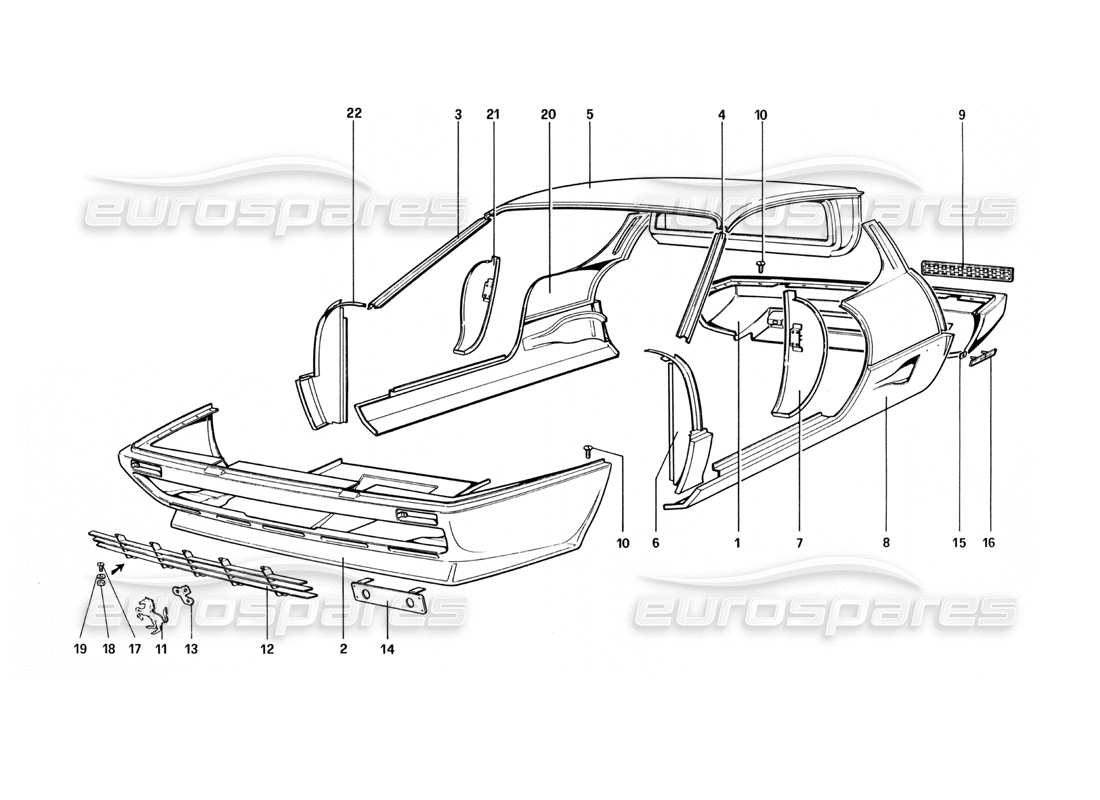 ferrari 512 bbi carrocería - diagrama de piezas de elementos exteriores