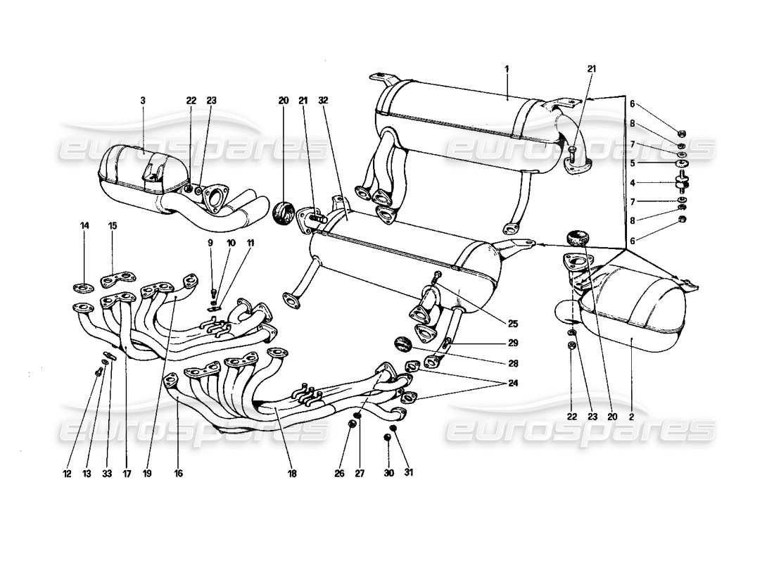 ferrari 512 bbi diagrama de piezas del sistema de escape