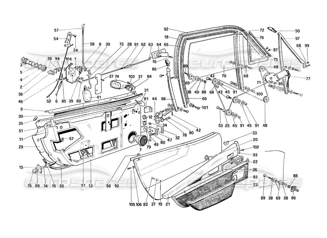 ferrari 308 quattrovalvole (1985) diagrama de piezas de puertas