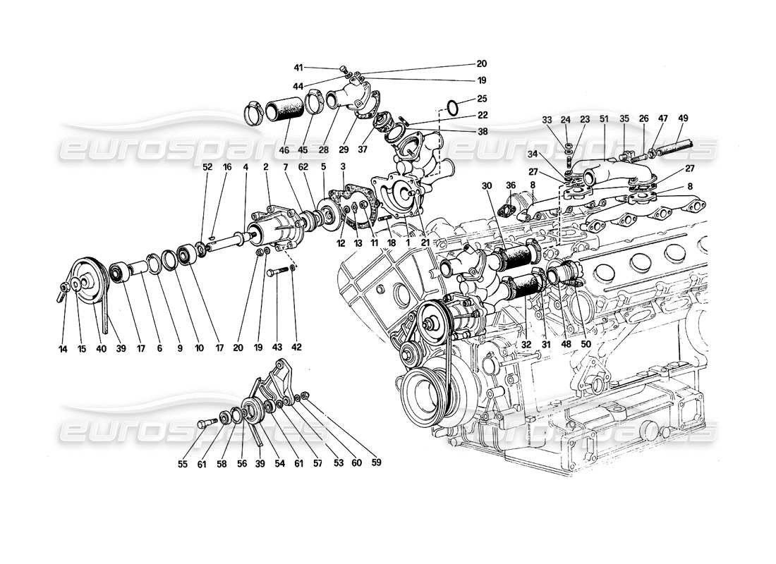 ferrari 308 quattrovalvole (1985) diagrama de piezas de bomba de agua y tuberías