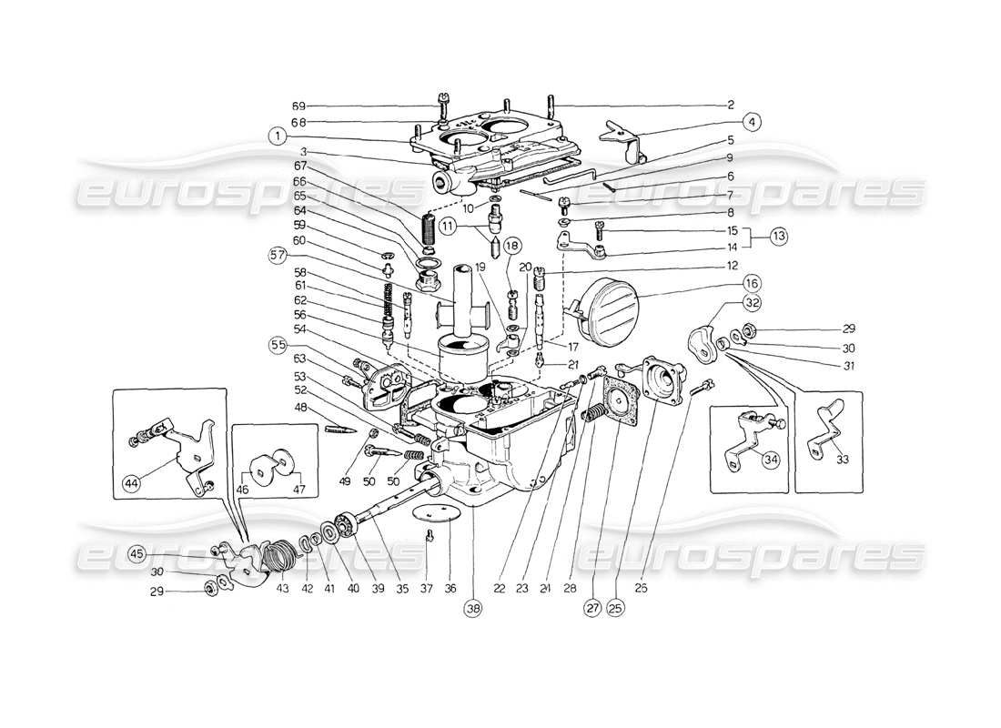 ferrari 208 gt4 dino (1975) diagrama de piezas de carburadores weber (34 dcn 53-54-55-56)