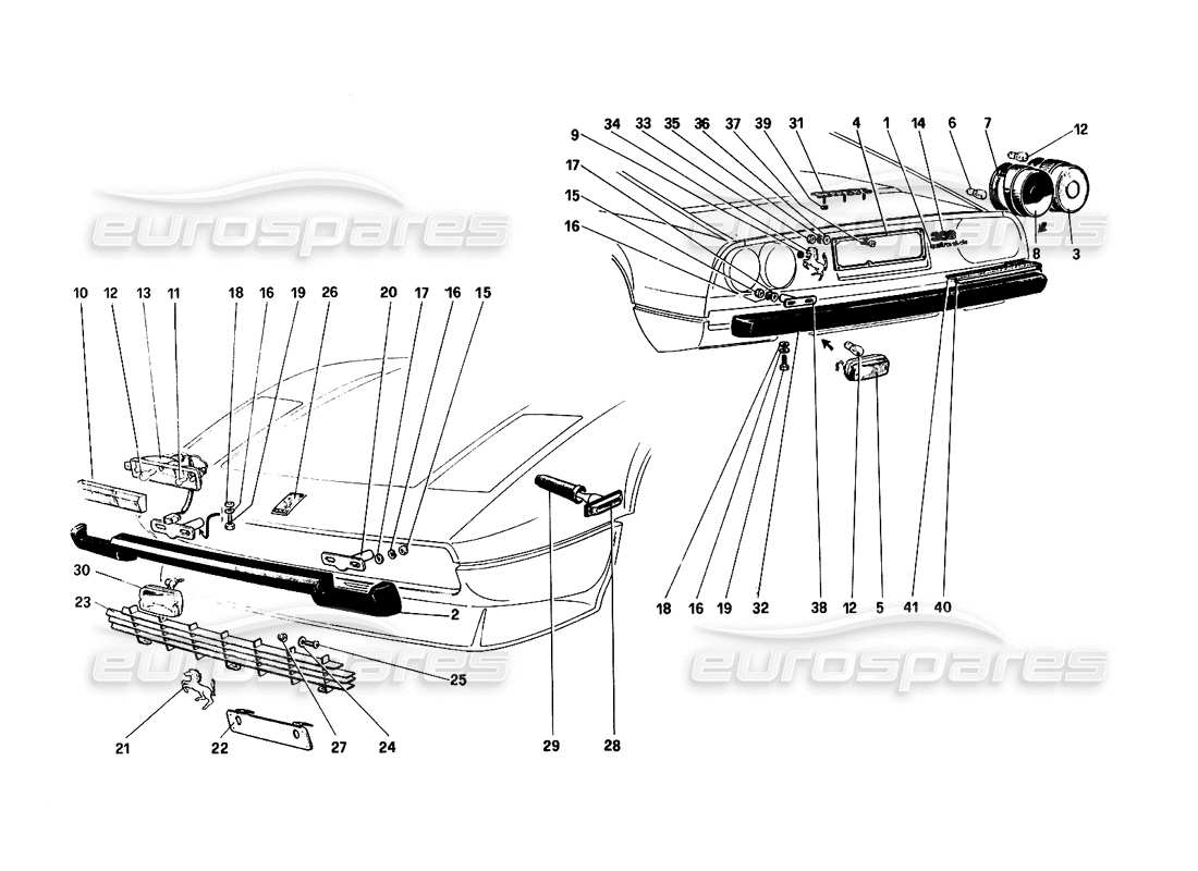 ferrari 308 quattrovalvole (1985) diagrama de piezas de parachoques, molduras y luces exteriores