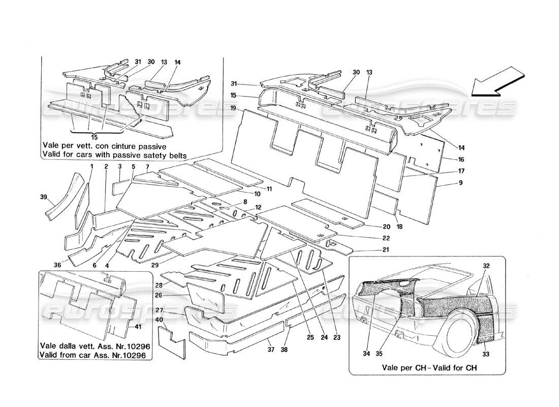 ferrari 348 (1993) tb / ts diagrama de piezas de aislamientos del compartimento de pasajeros