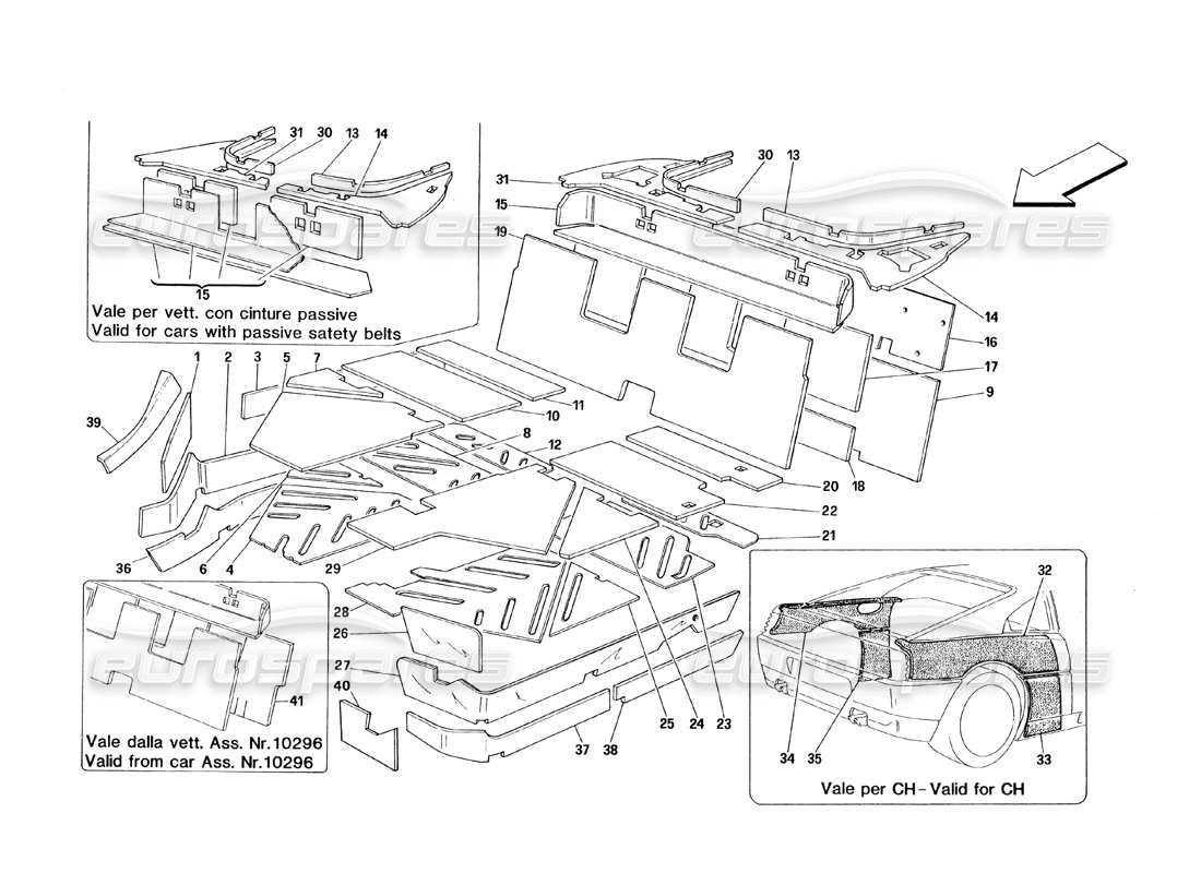 ferrari 348 (1993) tb / ts aislamientos del habitáculo diagrama de piezas