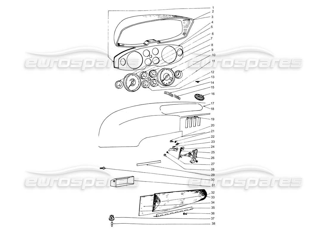 ferrari 365 gtb4 daytona (coachwork) cuadro de instrumentos - diagrama de piezas de la guantera