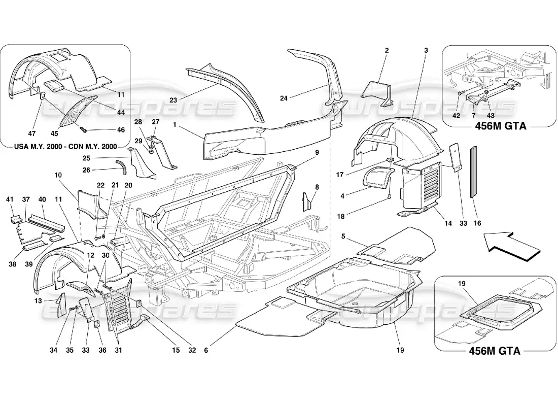 ferrari 456 m gt/m gta estructuras y componentes traseros diagrama de piezas
