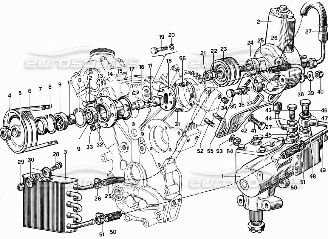 ferrari 365 gt 2+2 (mechanical) diagrama de piezas de controles y bomba de dirección hidráulica