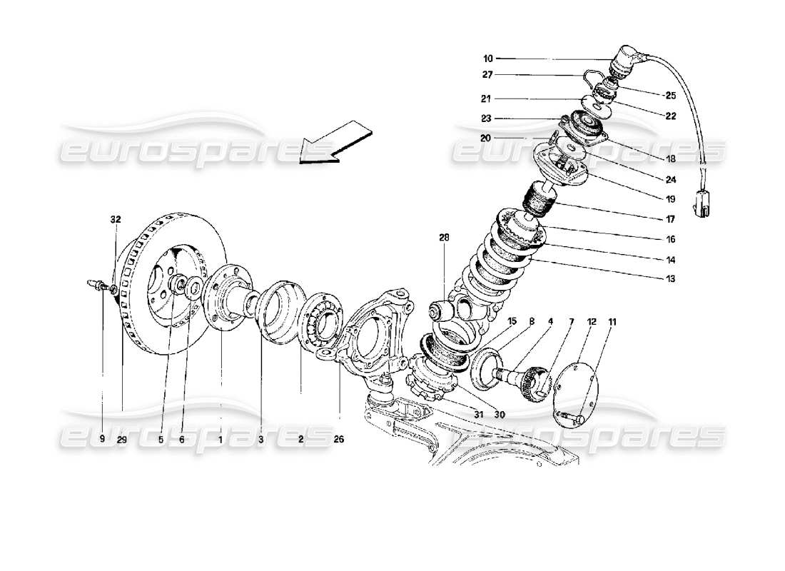 ferrari mondial 3.4 t coupe/cabrio suspensión delantera. - amortiguador y disco de freno diagrama de piezas