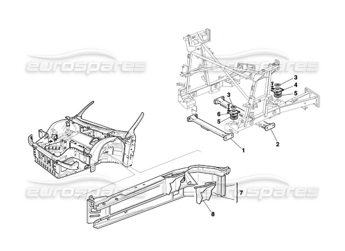 ferrari 355 challenge (1996) soportes del motor: diagrama de piezas de los elementos del chasis y la carrocería