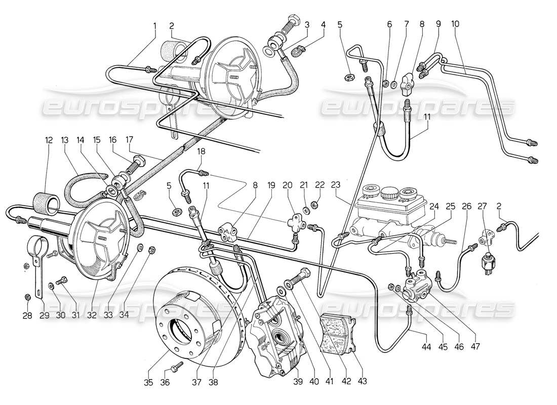 lamborghini jalpa 3.5 (1984) diagrama de piezas de frenos delanteros
