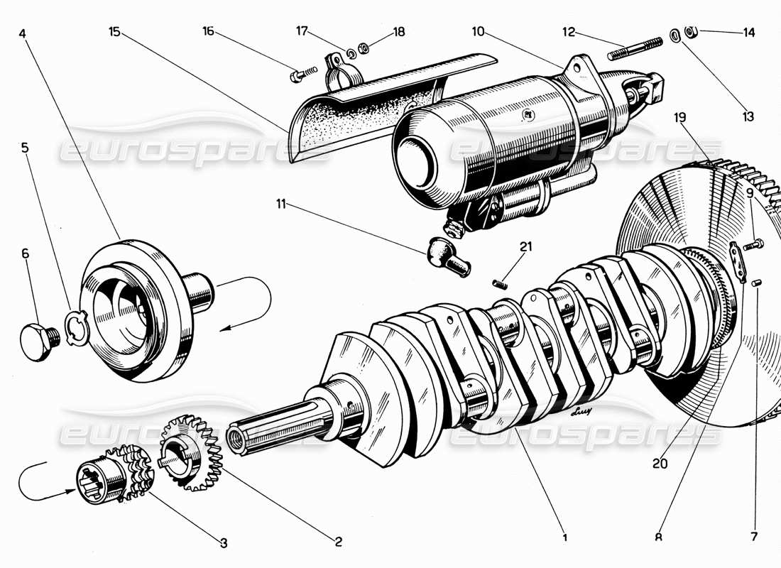 ferrari 330 gt 2+2 diagrama de piezas del cigüeñal y del motor de arranque