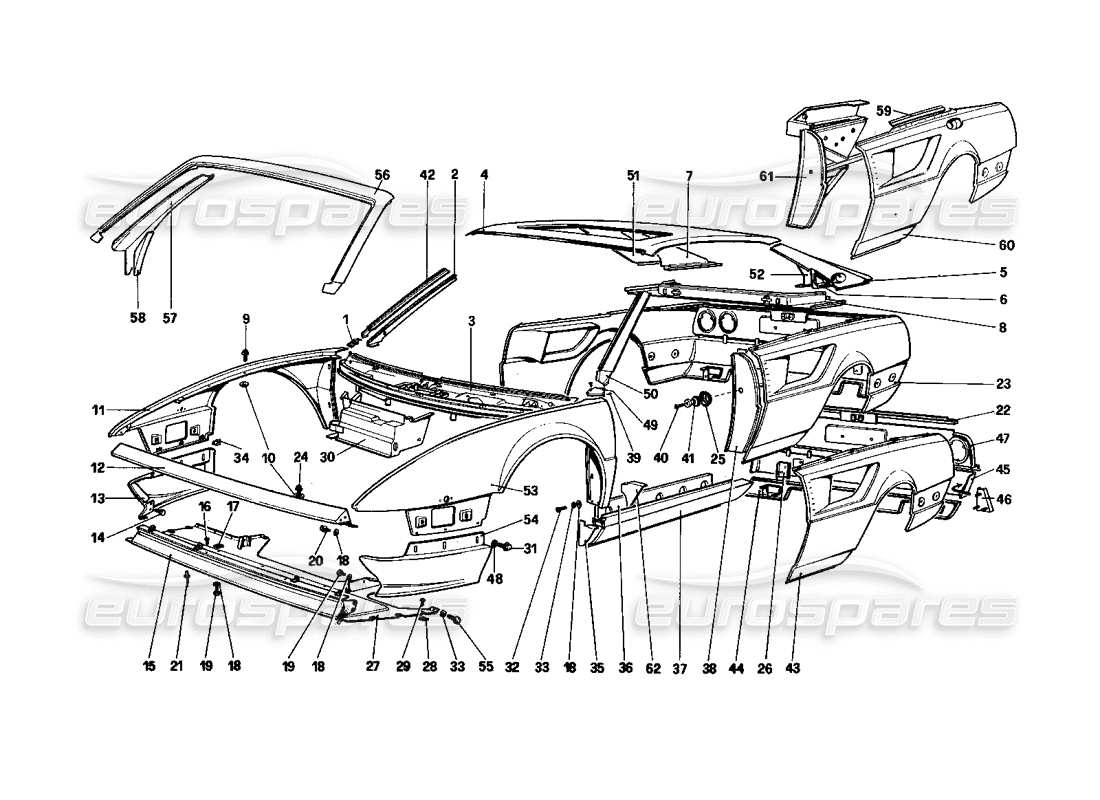 ferrari mondial 3.0 qv (1984) carrocería - diagrama de piezas de elementos exteriores