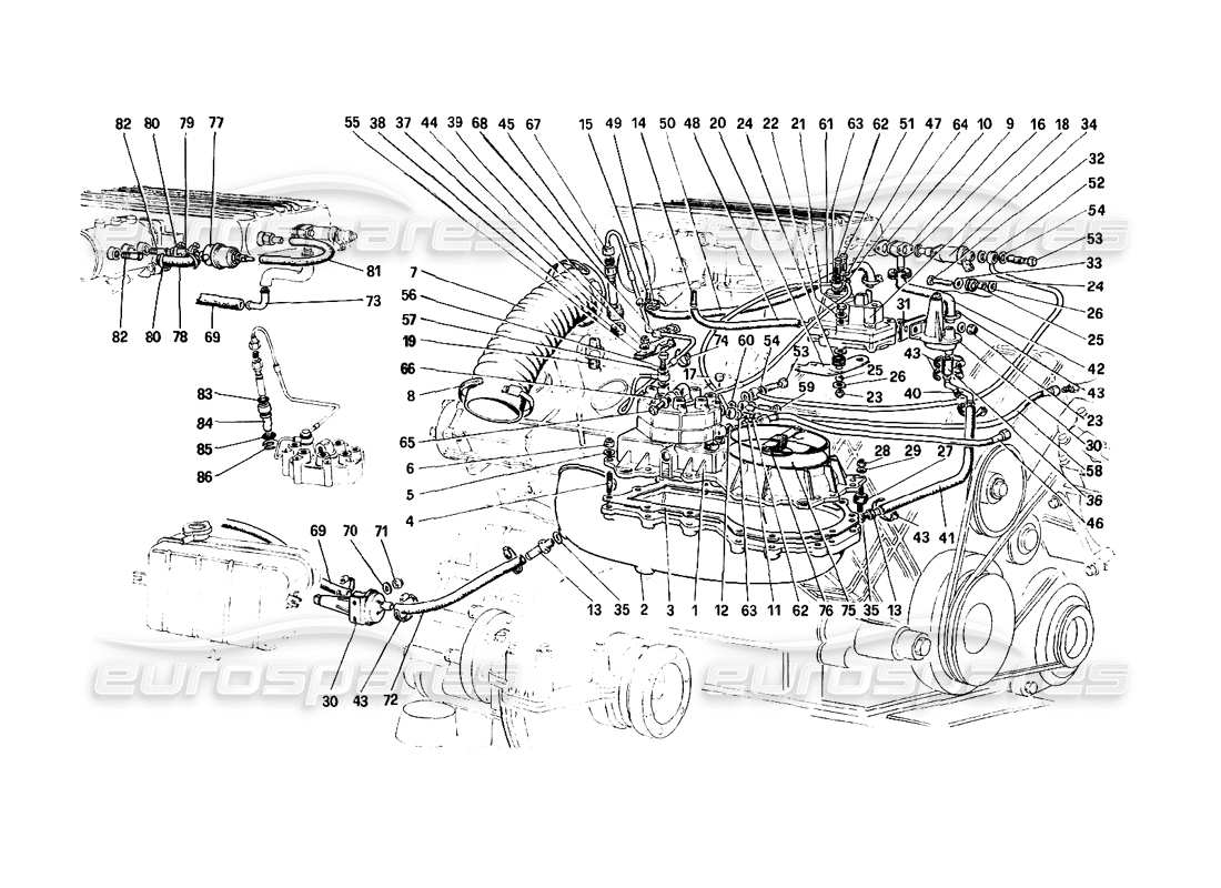 ferrari mondial 3.0 qv (1984) sistema de inyección de combustible: distribuidores de combustible, diagrama de piezas de líneas