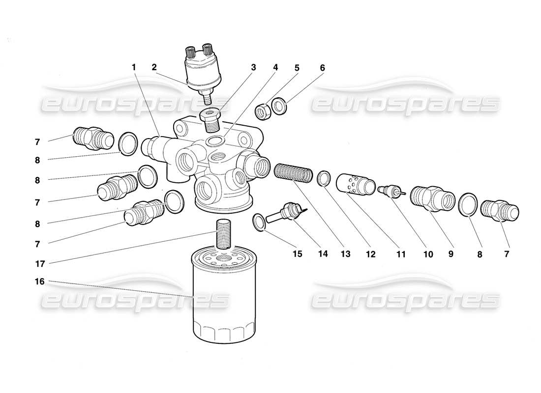 lamborghini diablo vt (1994) diagrama de piezas del termostato y filtro de aceite del motor