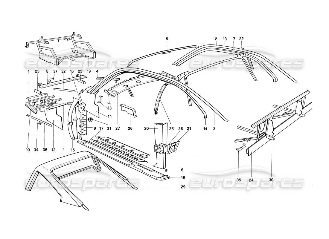 ferrari 308 quattrovalvole (1985) carrocería - elementos internos diagrama de piezas
