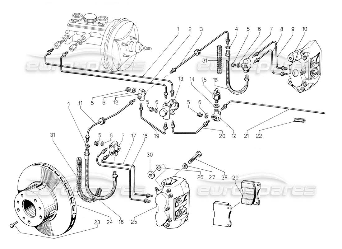lamborghini jalpa 3.5 (1984) diagrama de piezas de frenos delanteros