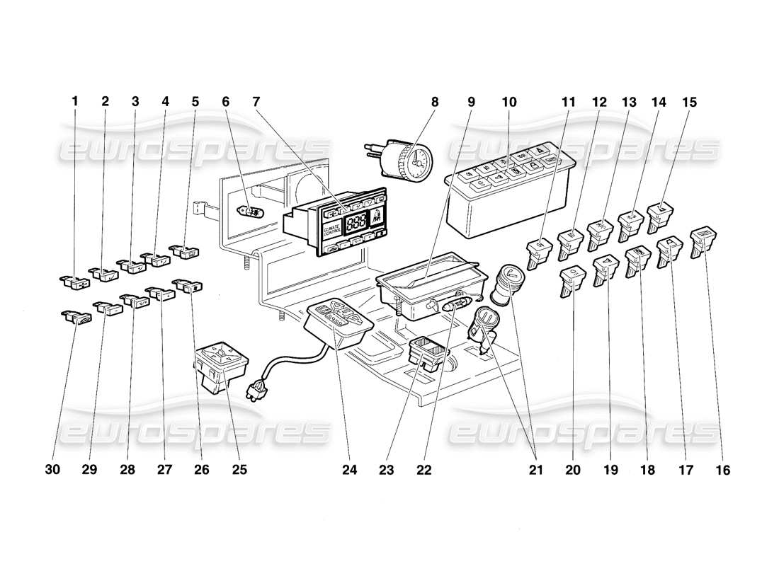 lamborghini diablo vt (1994) instrumentos del panel del túnel diagrama de piezas