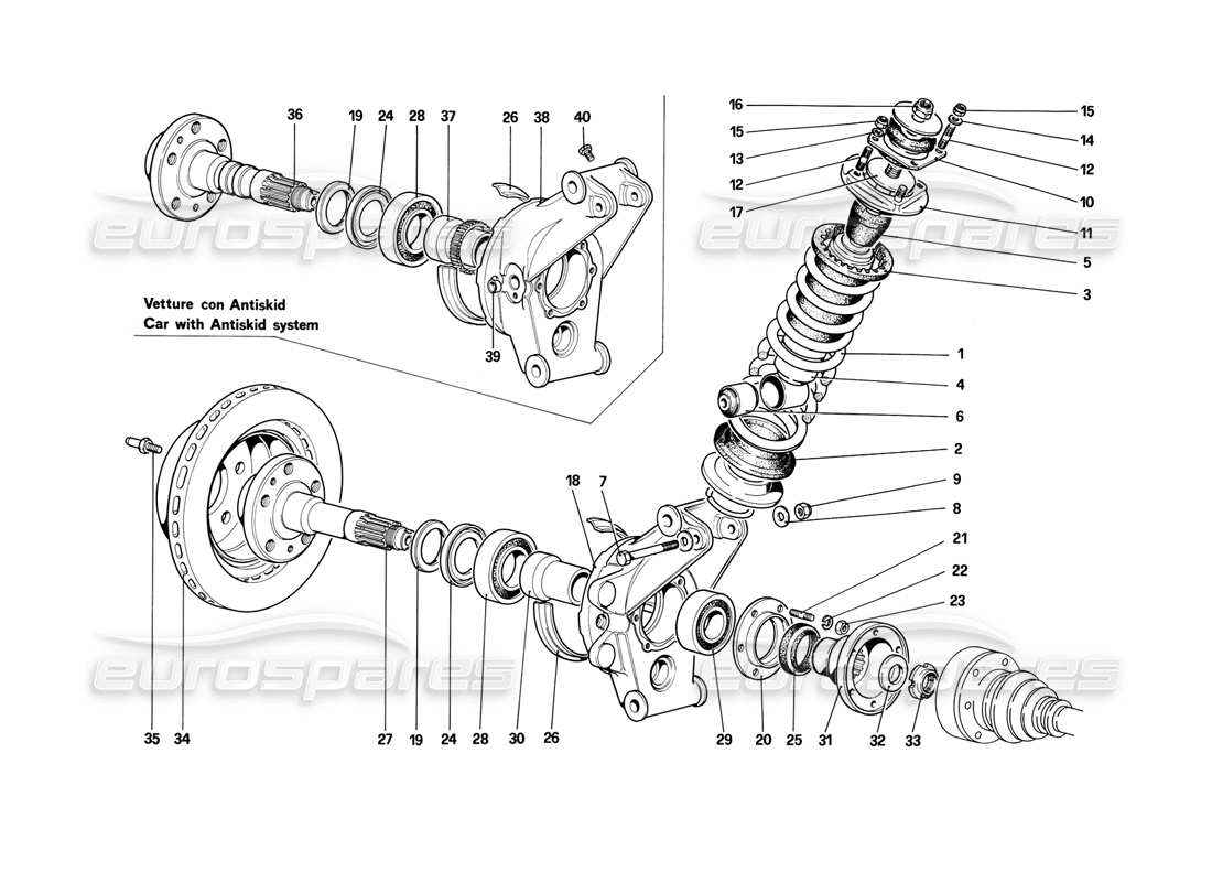 ferrari mondial 3.2 qv (1987) suspensión trasera - amortiguador y disco de freno diagrama de piezas