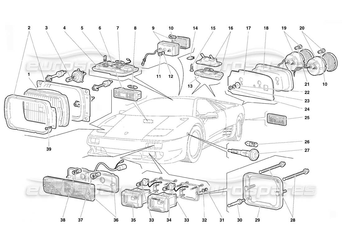 lamborghini diablo vt (1994) luces diagrama de piezas