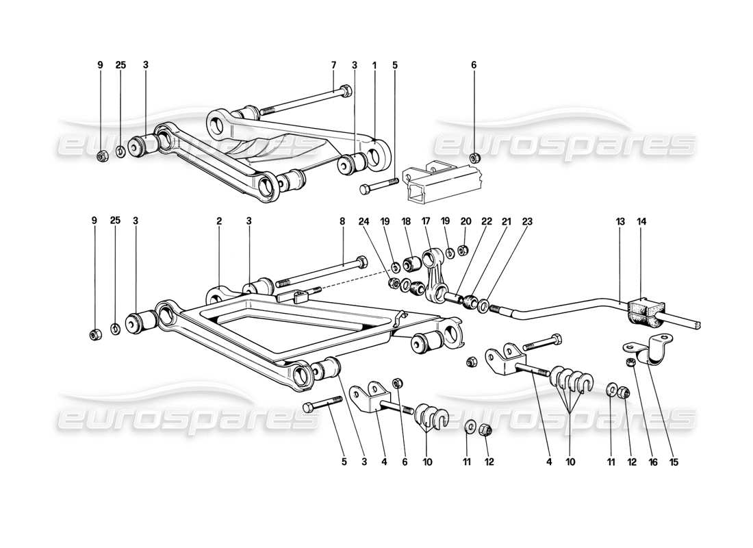 ferrari mondial 3.2 qv (1987) suspensión trasera - diagrama de piezas de horquillas