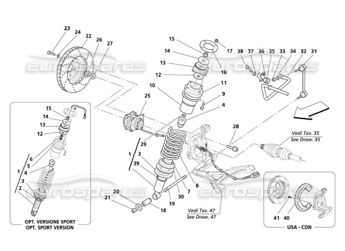 maserati 4200 spyder (2005) suspensión trasera: diagrama de piezas del amortiguador y del disco de freno