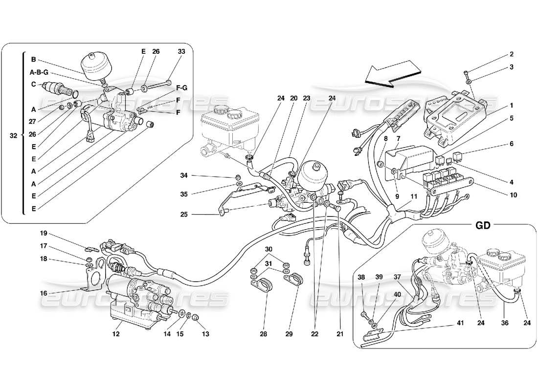 ferrari 456 gt/gta diagrama de piezas de la unidad de control y equipo hidráulico para el sistema abs