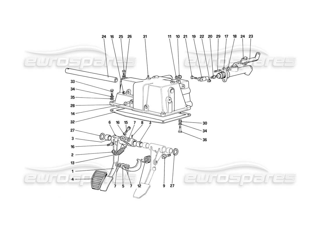 ferrari mondial 3.2 qv (1987) tablero de pedales - control de embrague (para automóviles con sistema antideslizante - variantes para versión rh d) diagrama de pieza
