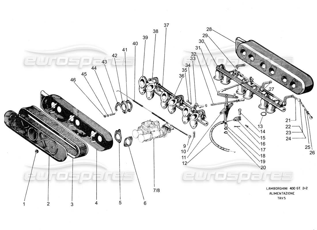 lamborghini 400 gt diagrama de piezas del colector de entrada