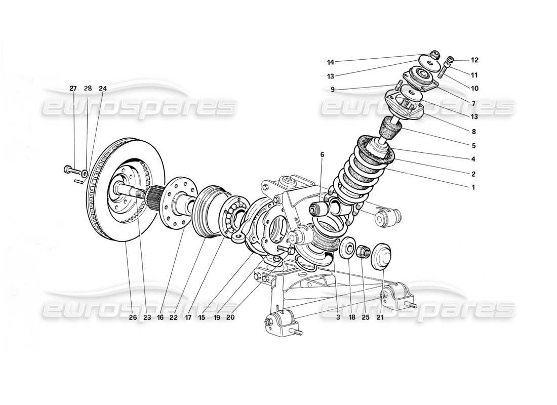 ferrari testarossa (1990) suspensión delantera: diagrama de piezas de amortiguador y disco de freno (hasta el número de vehículo 75995)