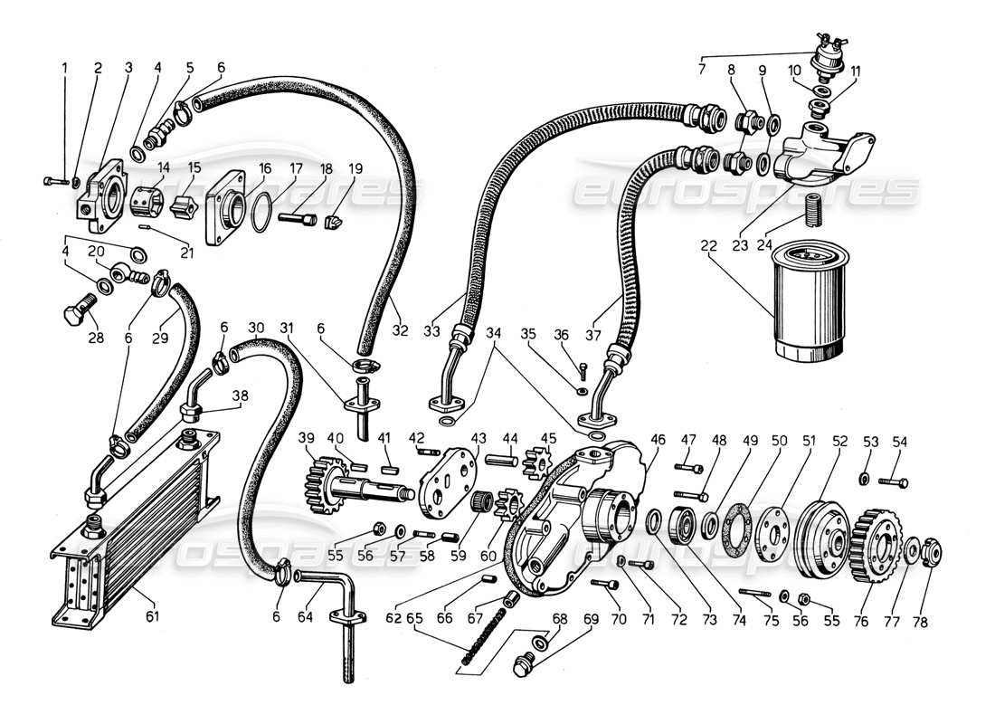 lamborghini countach 5000 qvi (1989) bomba y sistema de aceite diagrama de piezas