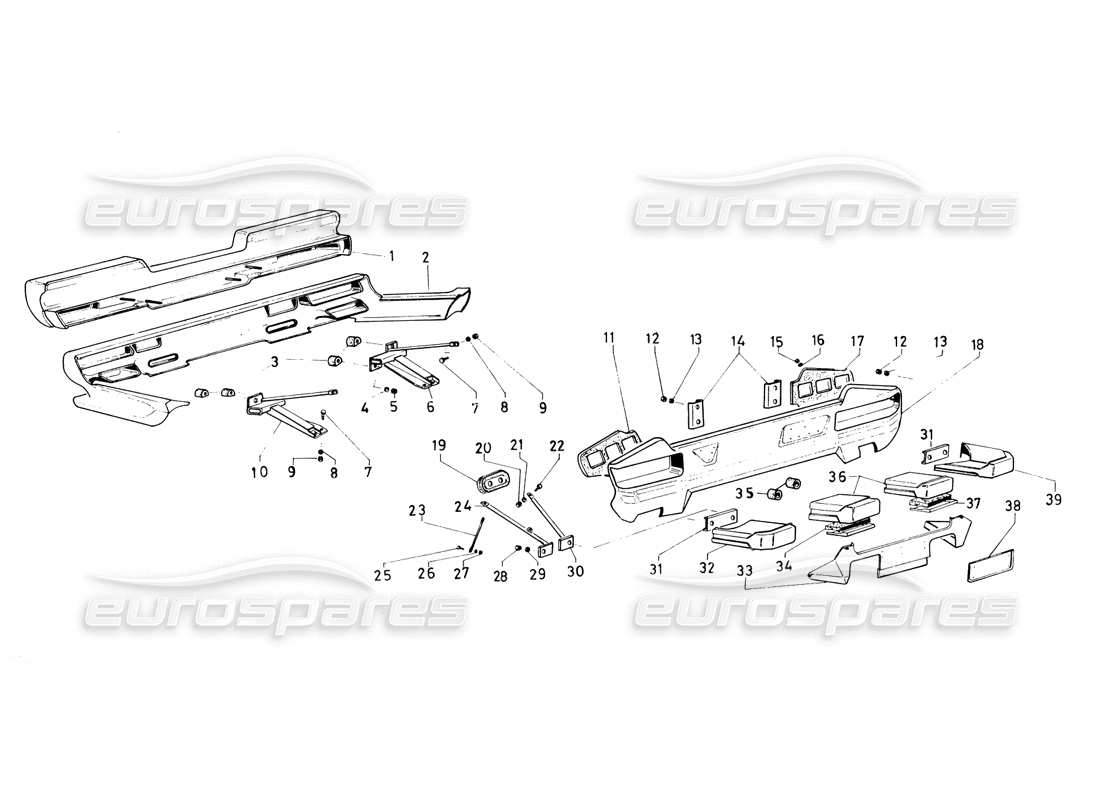 lamborghini countach 5000 qvi (1989) diagrama de piezas de parachoques y spoilers