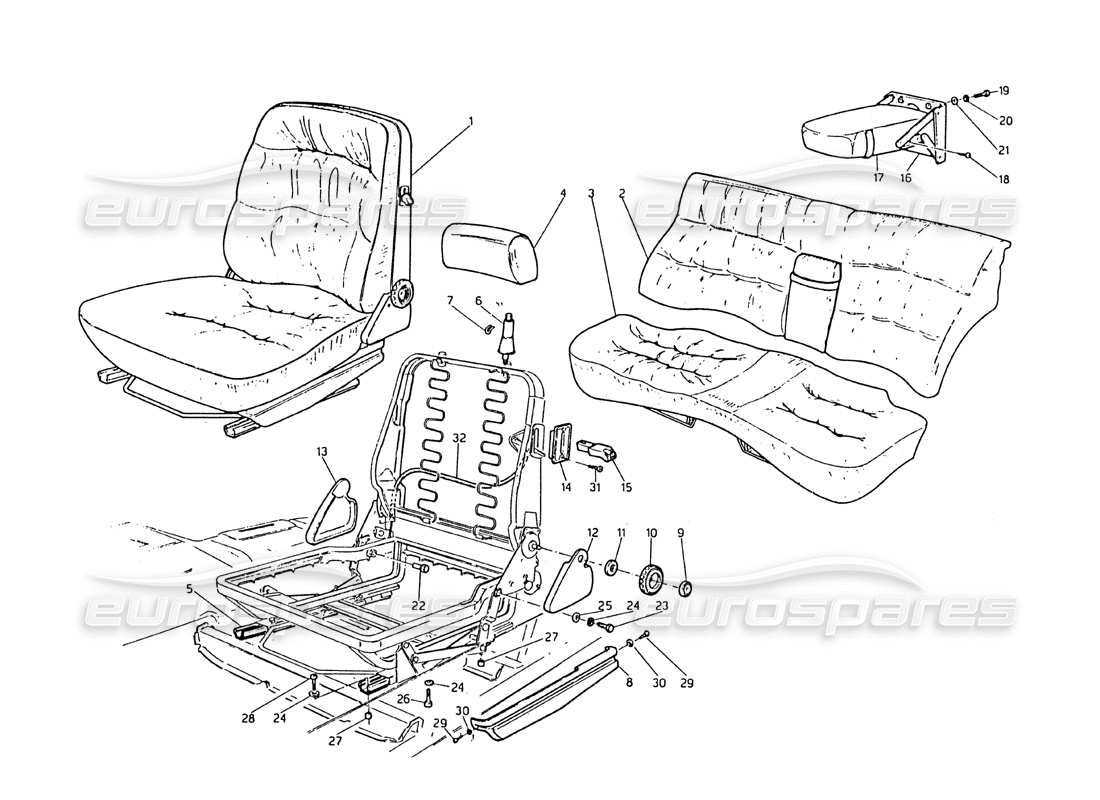 maserati biturbo 2.5 (1984) diagrama de piezas de los asientos delanteros y traseros