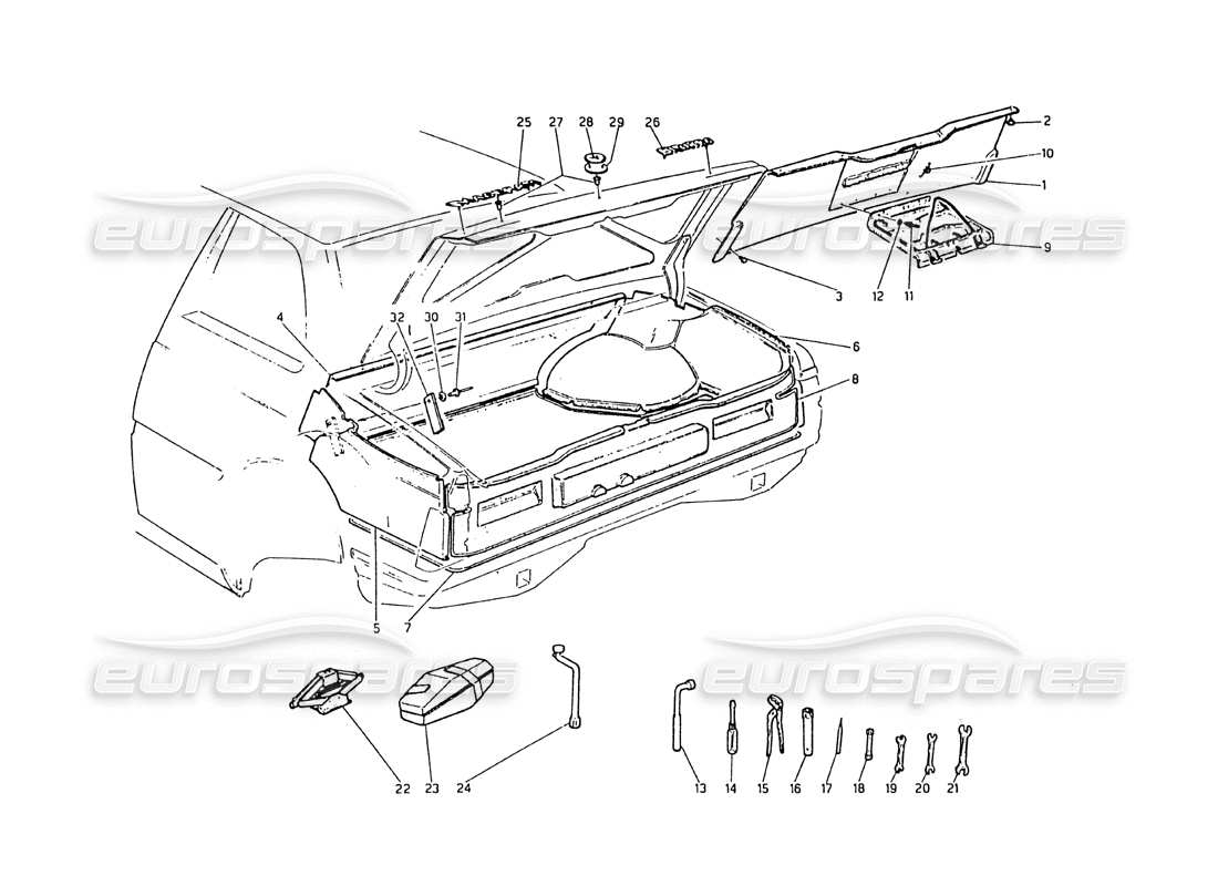 maserati biturbo 2.5 (1984) bota: diagrama de piezas de insignias, alfombras y herramientas