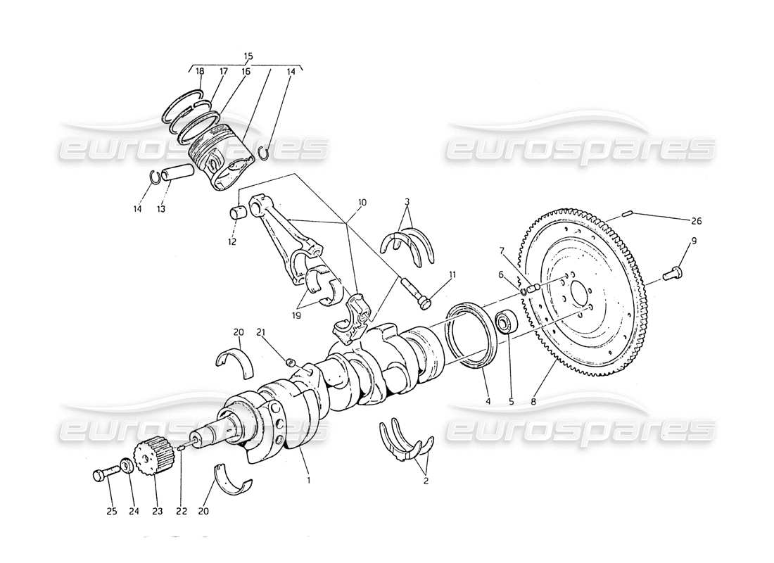 maserati biturbo 2.5 (1984) crankshaft - pistons - connecting rods and flywheel diagrama de piezas