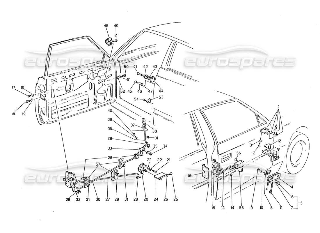 maserati biturbo 2.5 (1984) puertas: diagrama de piezas de bisagras y controles internos