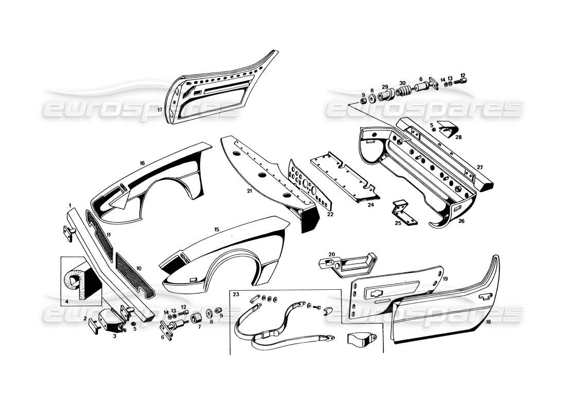 maserati bora (usa variants) carrocería y tapicería diagrama de piezas