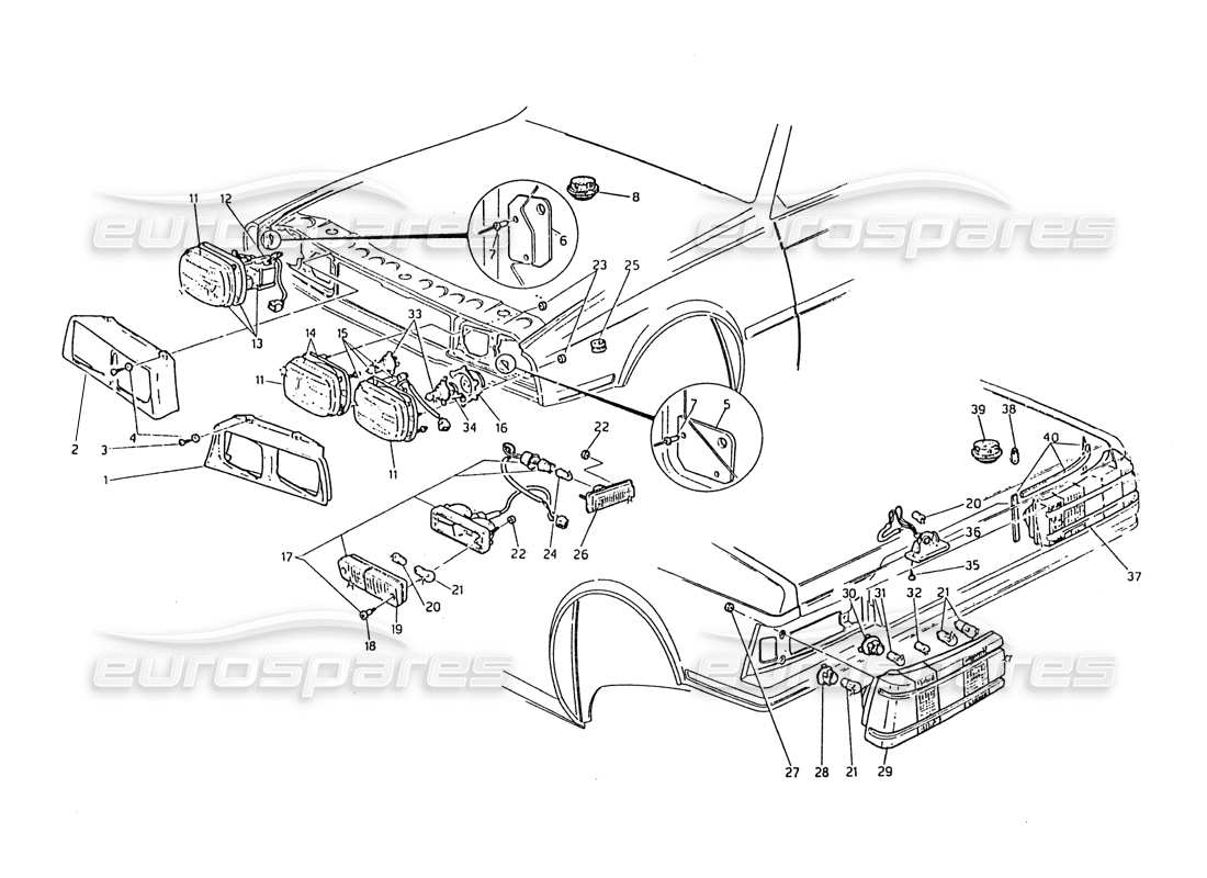 maserati biturbo 2.5 (1984) luces delanteras y traseras diagrama de piezas