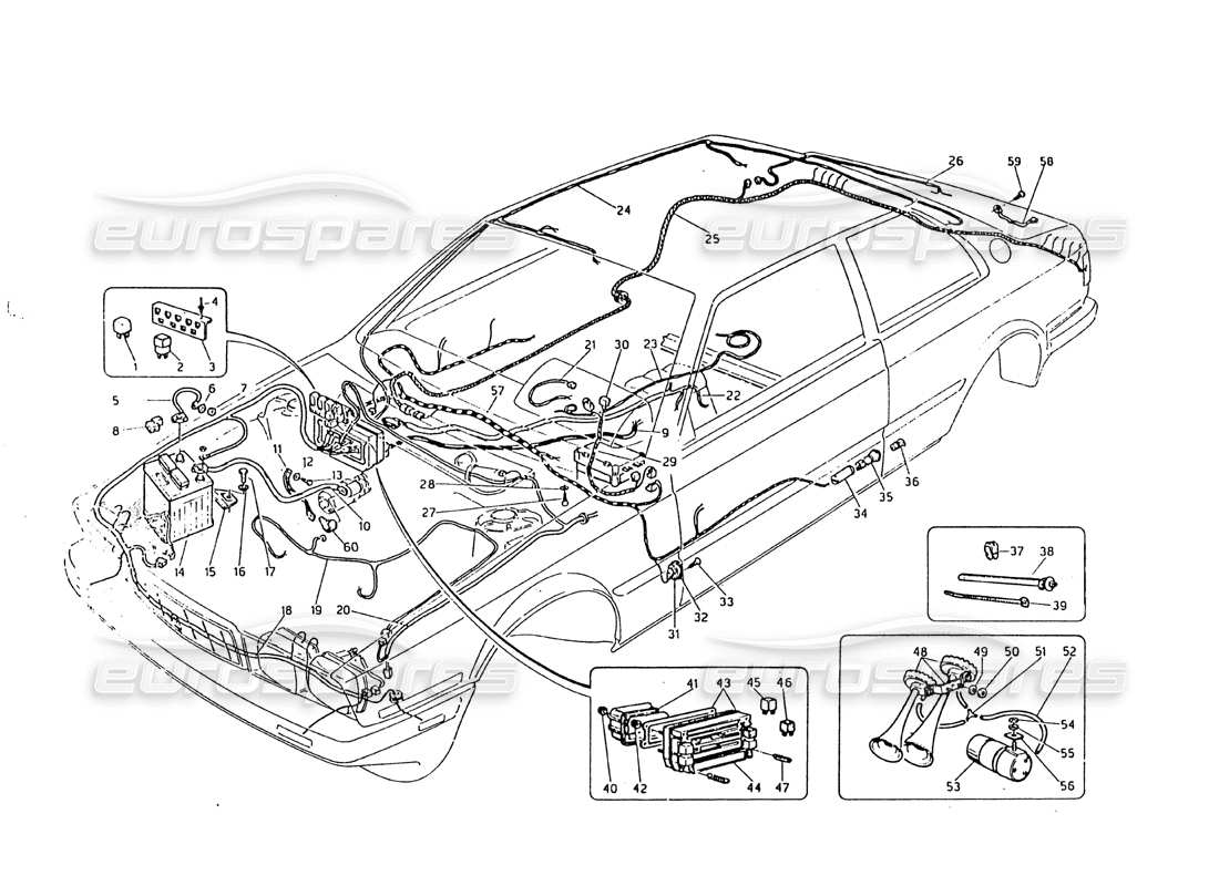 maserati biturbo 2.5 (1984) diagrama de piezas de mazos de cableado y componentes eléctricos