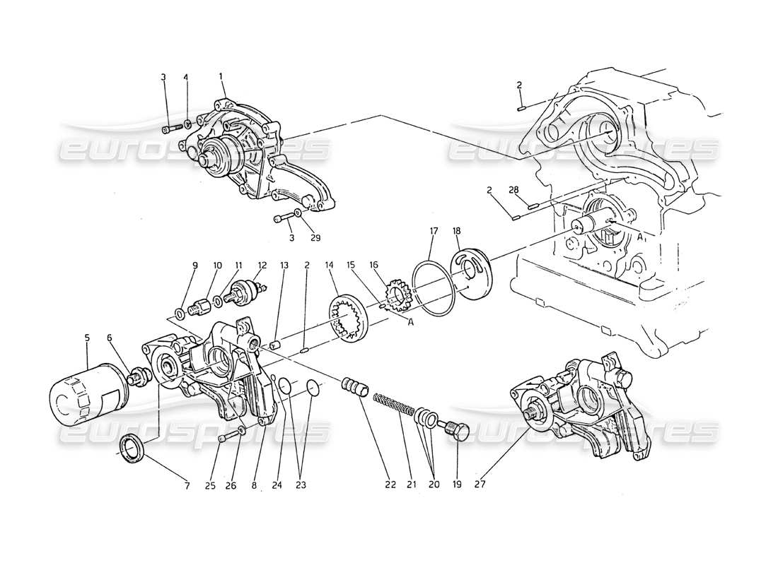 maserati biturbo 2.5 (1984) water pump and oil pump part diagram