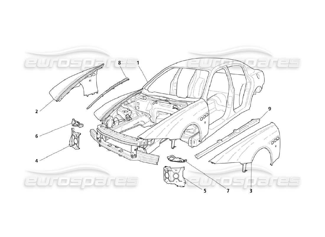 maserati qtp. (2006) 4.2 estructuras exteriores delanteras y diagrama de partes del cuerpo