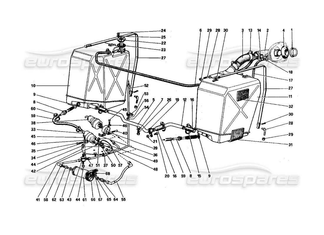 ferrari 512 bbi diagrama de piezas de tanques, bombas y tuberías de combustible