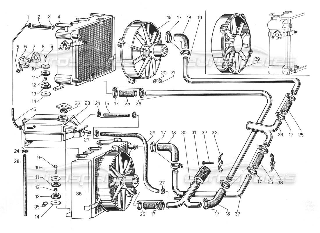 lamborghini countach 5000 qv (1985) diagrama de piezas del sistema de refrigeración y radiador