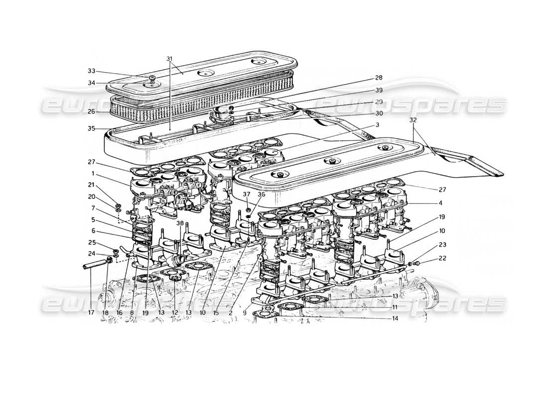 ferrari 365 gt4 berlinetta boxer tomas de aire y colectores diagrama de piezas