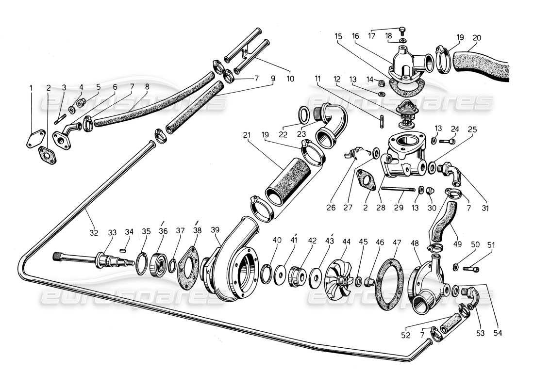 lamborghini countach 5000 qv (1985) bomba y sistema de agua diagrama de piezas
