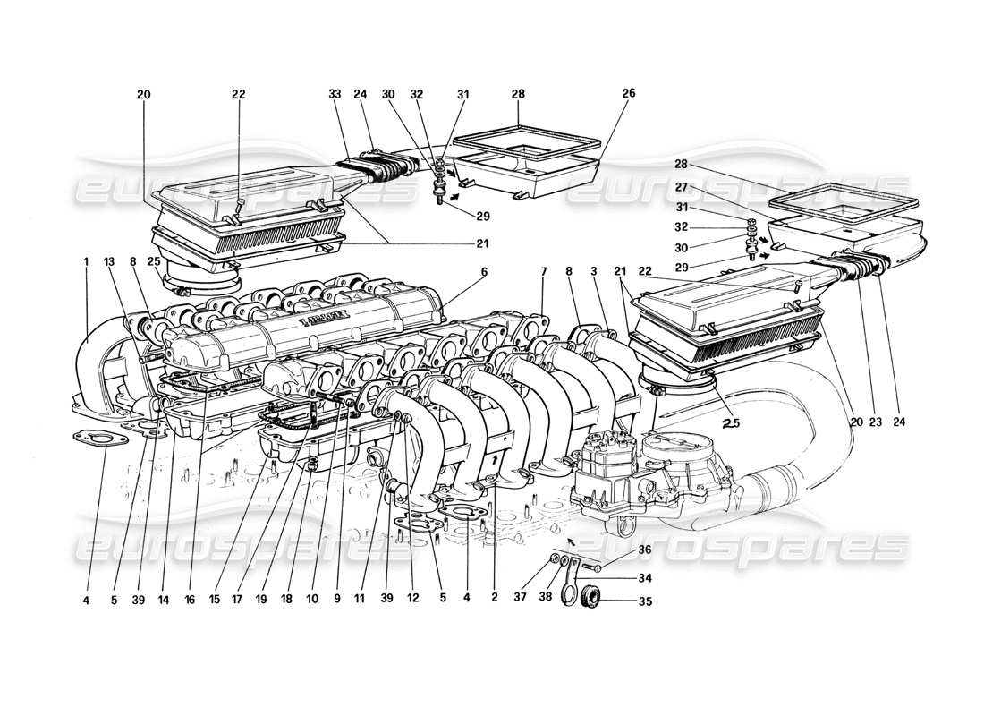 ferrari 512 bbi diagrama de piezas de colectores y tomas de aire